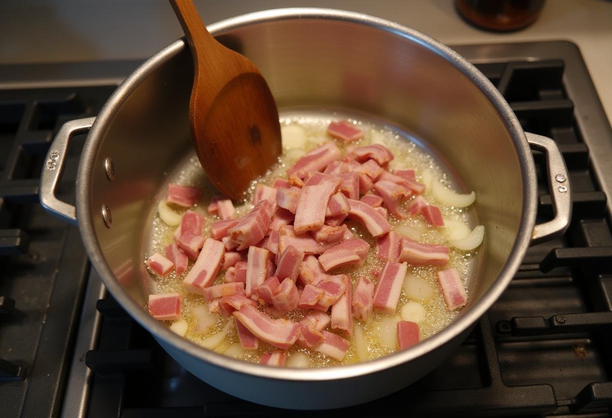 Bacon, cebola e alho sendo refogados para o arroz carreteiro