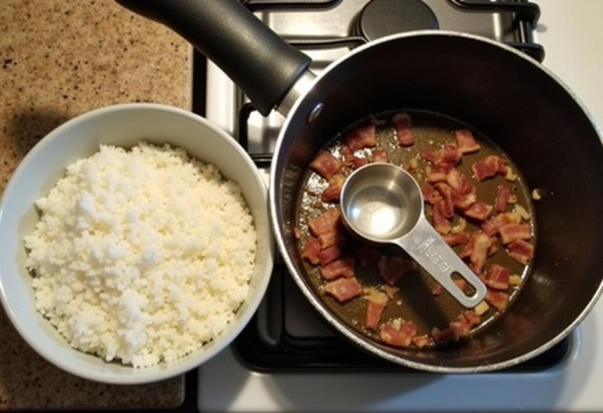 Arroz branco lavado pronto para ser adicionado ao refogado de bacon e cebola