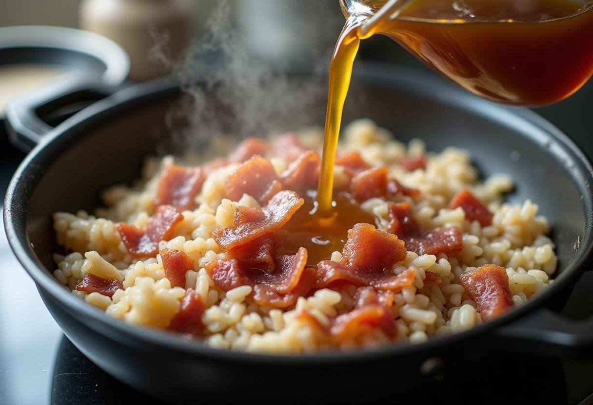 Arroz sendo cozido com caldo de carne no arroz carreteiro