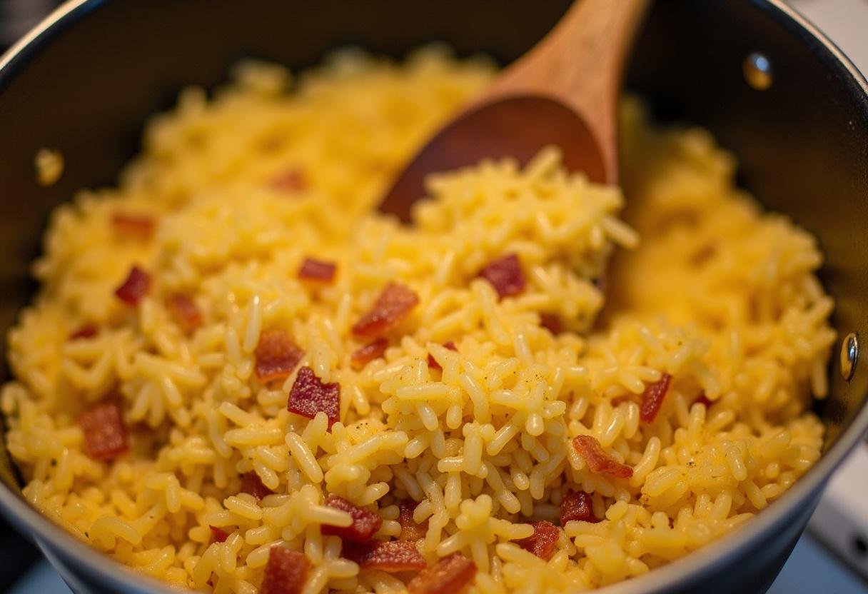 Arroz carreteiro quase pronto, com os grãos de arroz perfeitamente cozidos