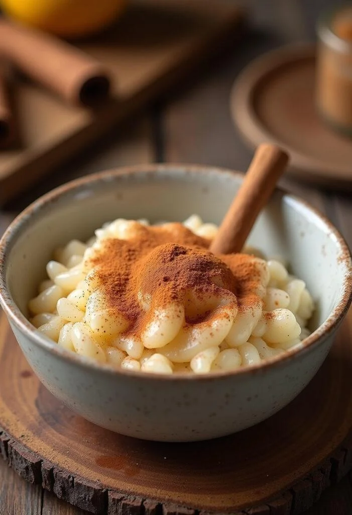 Arroz doce com canela finalizado, decorado com canela em pó, perfeito para servir.
