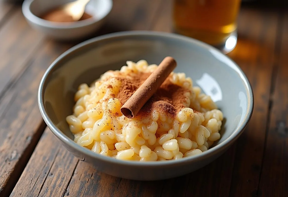 Arroz doce com canela finalizado, decorado com canela em pó, perfeito para servir.