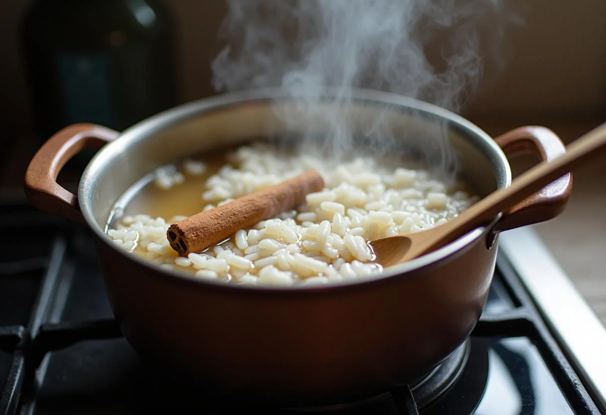 Preparando arroz doce com arroz, água e canela na panela.