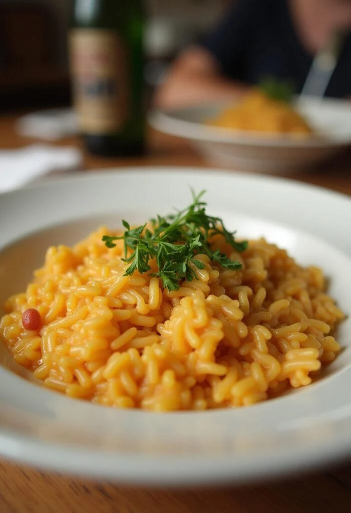 Arroz com Pequi Aromático pronto para servir em uma mesa de jantar.