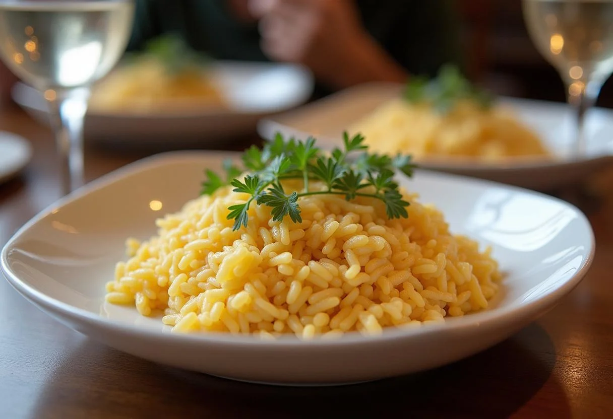 Arroz com Pequi Aromático pronto para servir em uma mesa de jantar.
