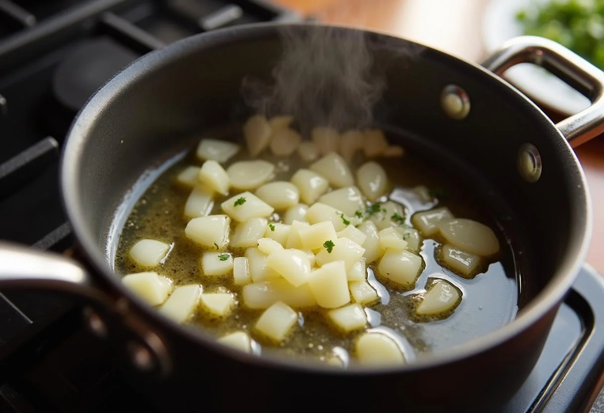 Cebola e alho sendo refogados em azeite para o Arroz com Pequi Aromático.