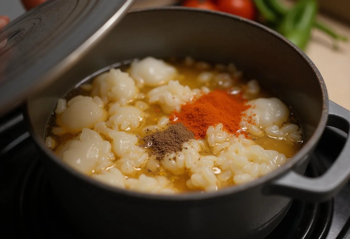 Arroz com Pequi Aromático sendo preparado em uma panela no fogão.