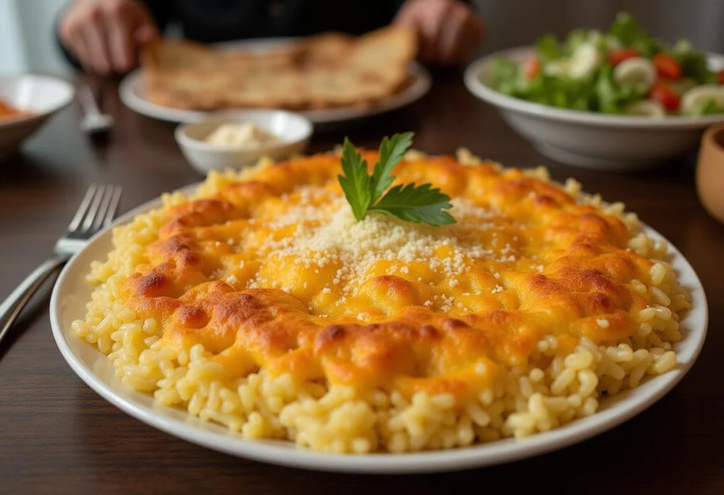 Arroz de Forno Completo com Queijo Derretido dourado e gratinado, perfeito para servir.