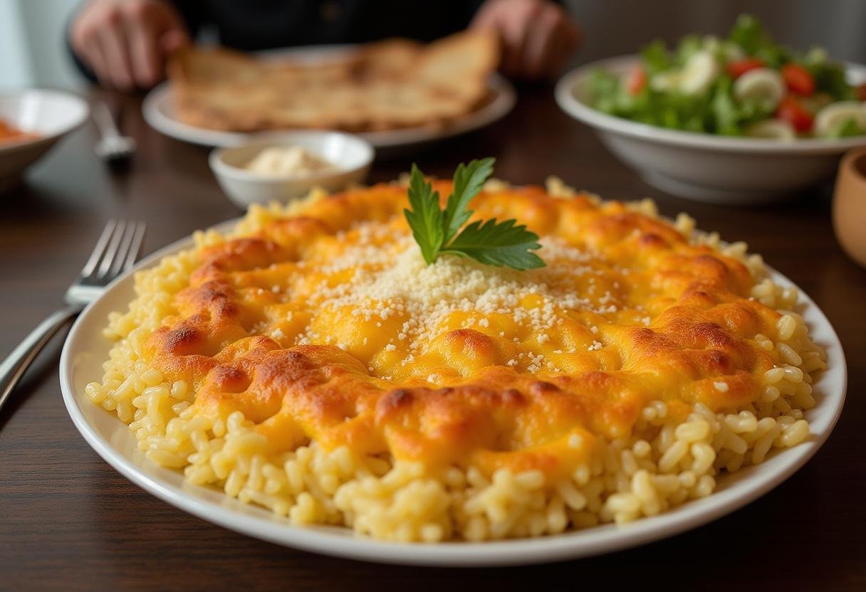 Arroz de Forno Completo com Queijo Derretido dourado e gratinado, perfeito para servir.