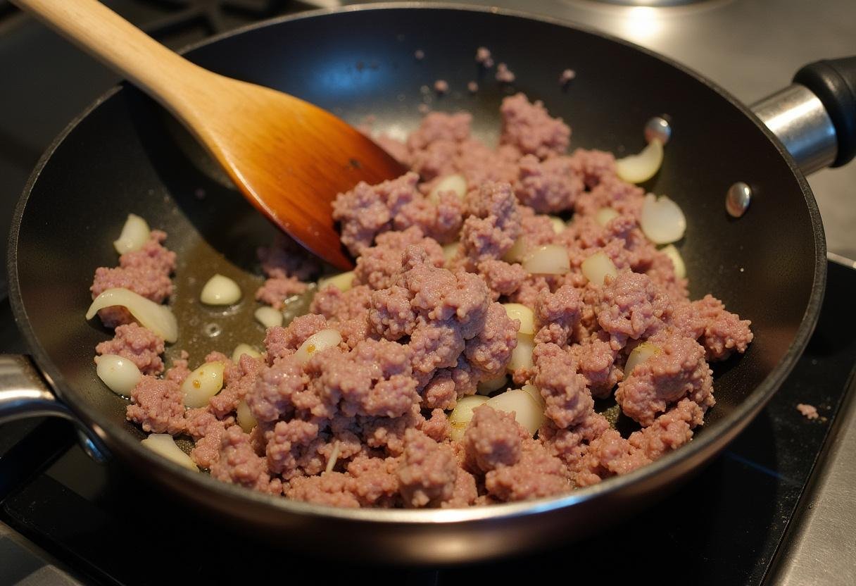 Carne moída sendo refogada com cebola e alho para o Arroz de Forno Completo com Queijo Derretido.