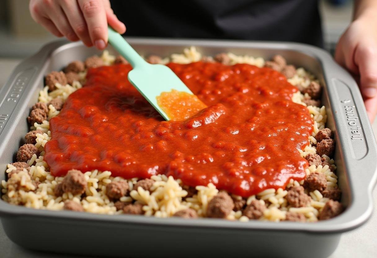 Camadas de arroz, carne moída e molho de tomate sendo montadas em uma travessa para o Arroz de Forno.