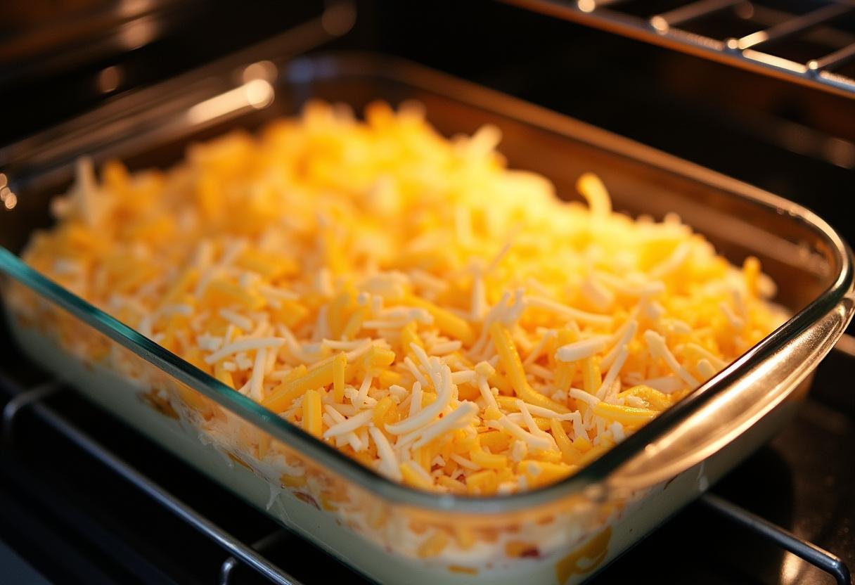 Travessa de Arroz de Forno coberta com queijo derretido pronto para ir ao forno.