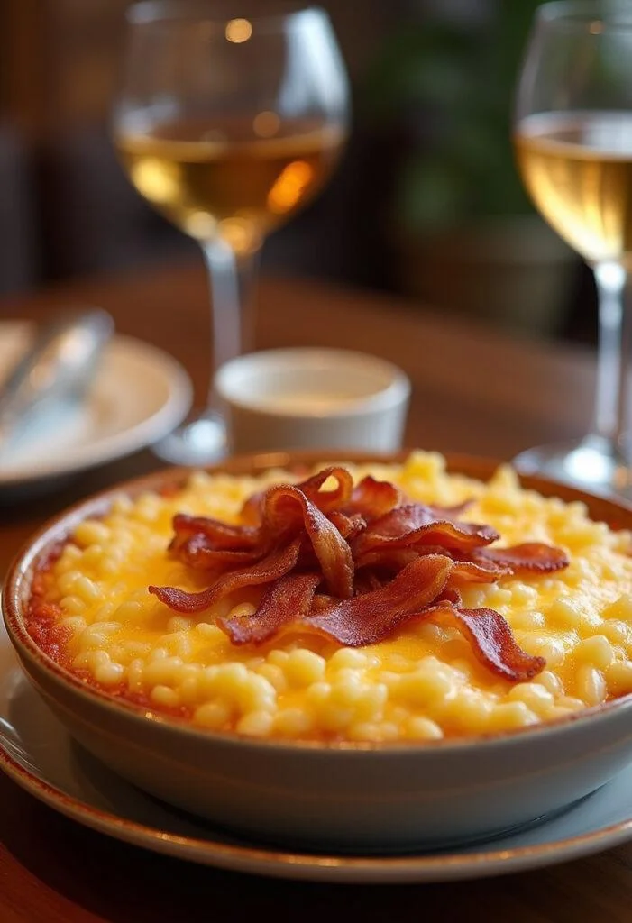 Finished Arroz de Forno Completo com Queijo Derretido e Bacon, ready to eat.