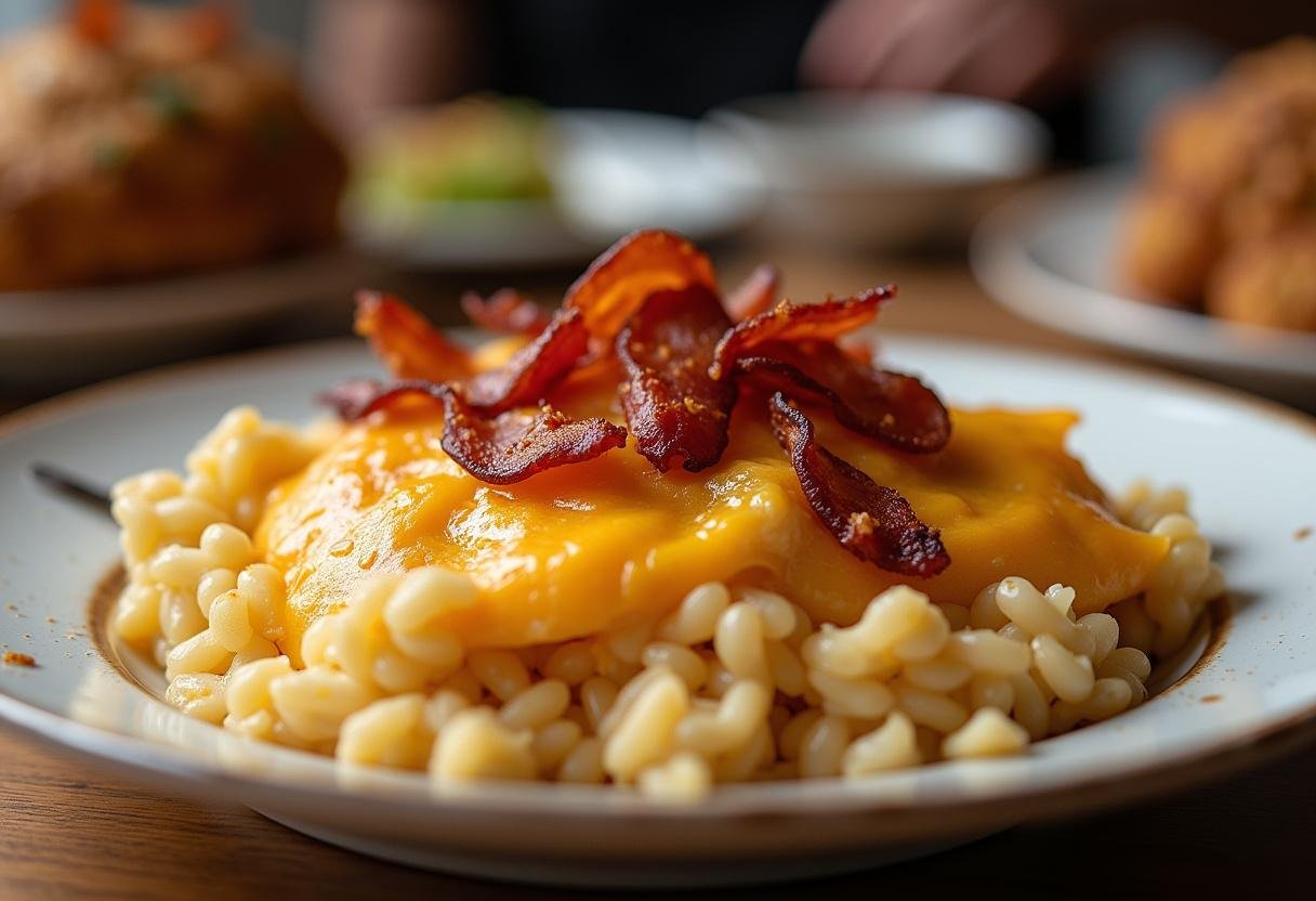 Finished Arroz de Forno Completo com Queijo Derretido e Bacon, ready to eat.
