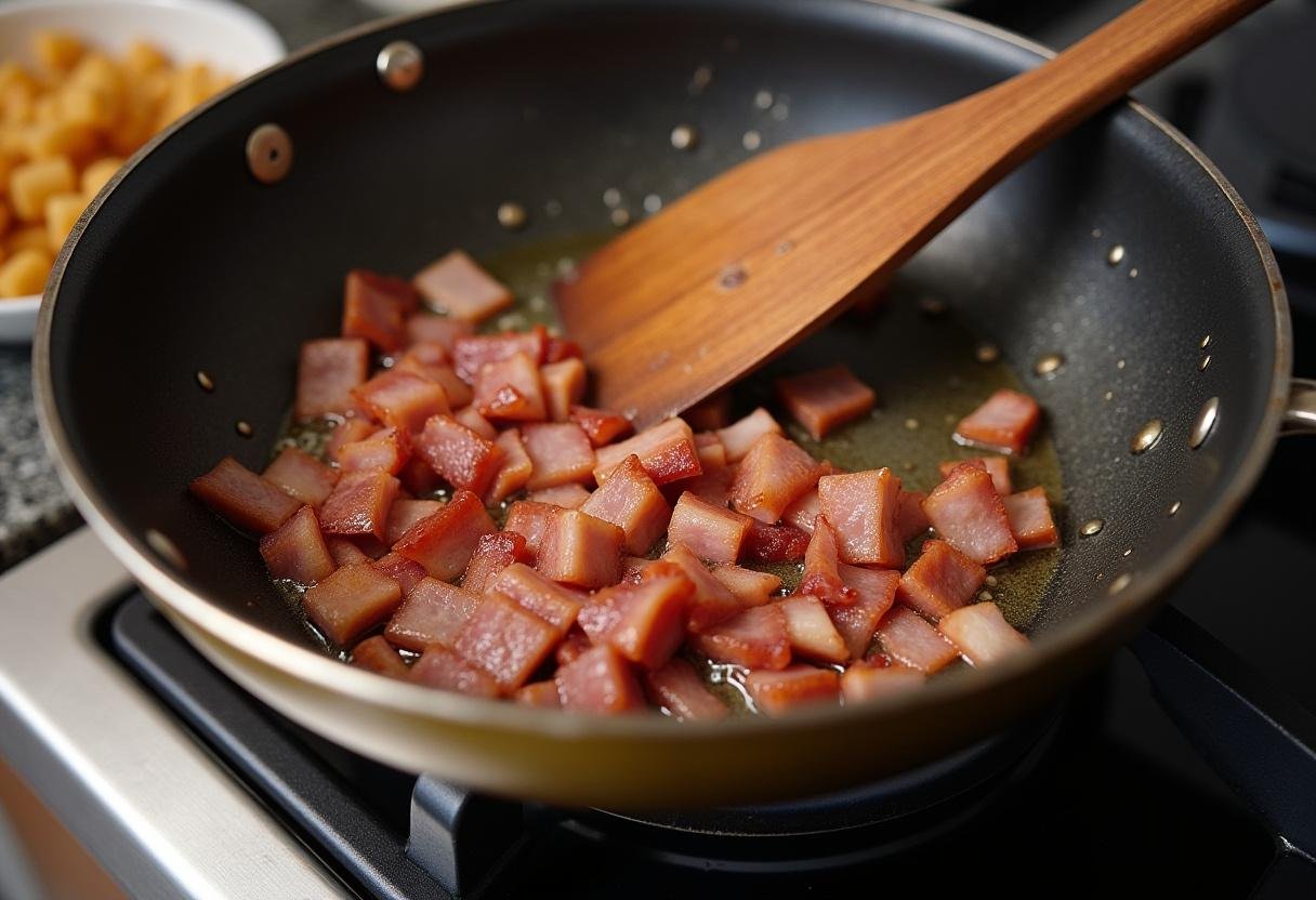Bacon being cooked in a saucepan for Arroz de Forno Completo com Queijo Derretido e Bacon.