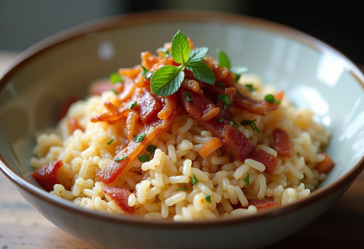 Cooked rice mixed with bacon and onions for Arroz de Forno.