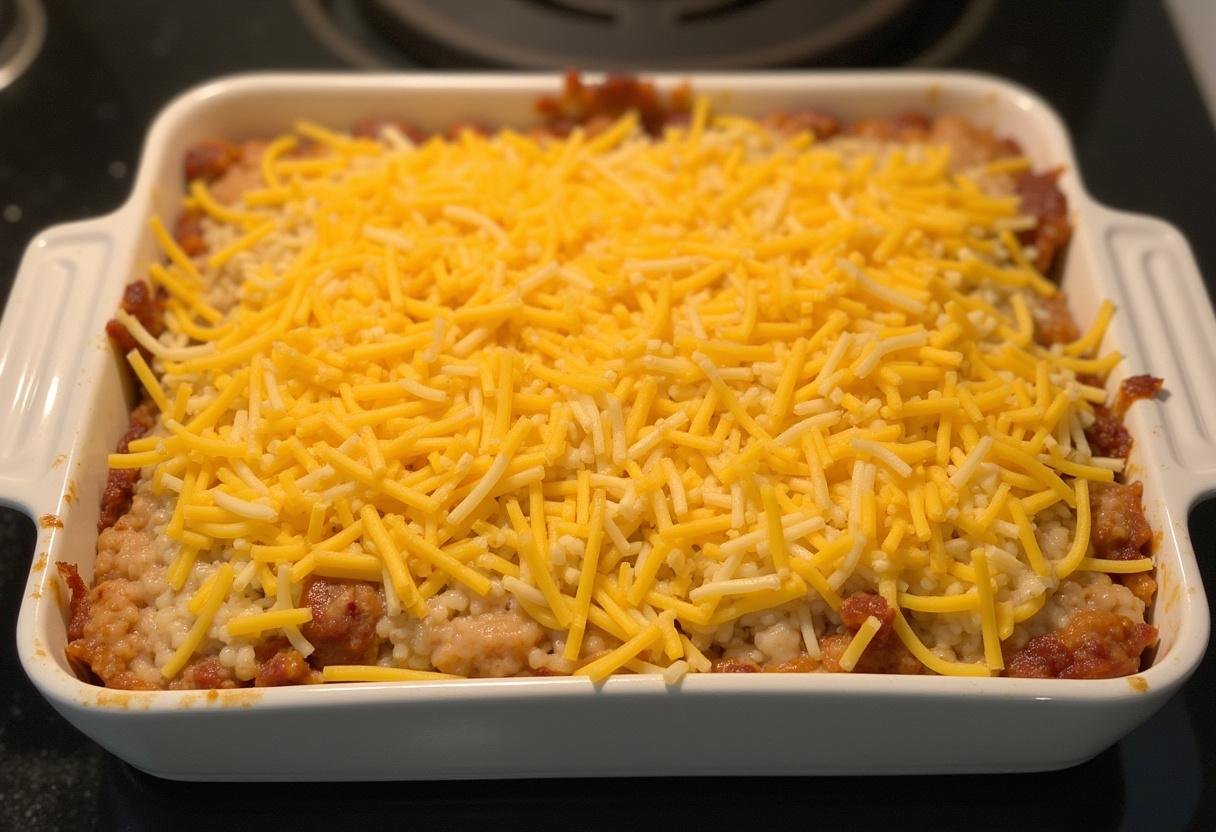 Layering cheese on Arroz de Forno before baking.