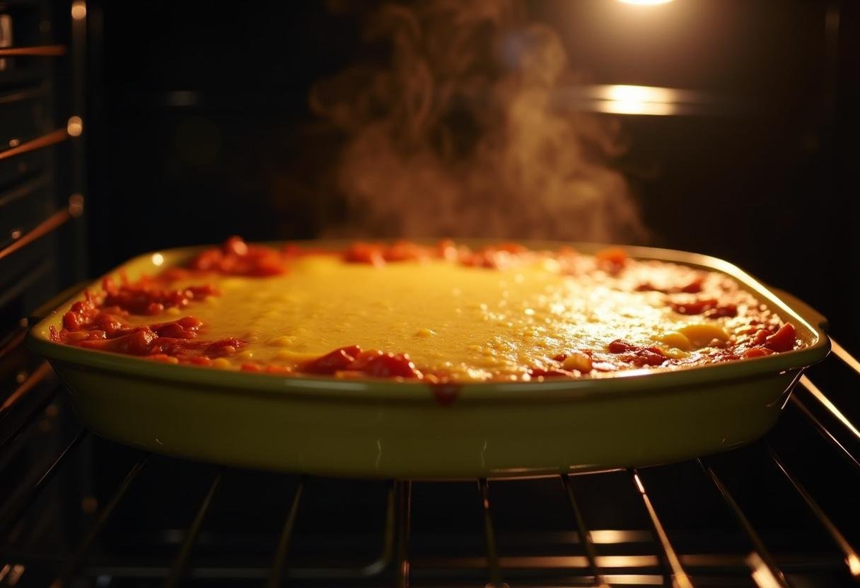 Baking dish of Arroz de Forno Completo being placed in the oven for final cooking.