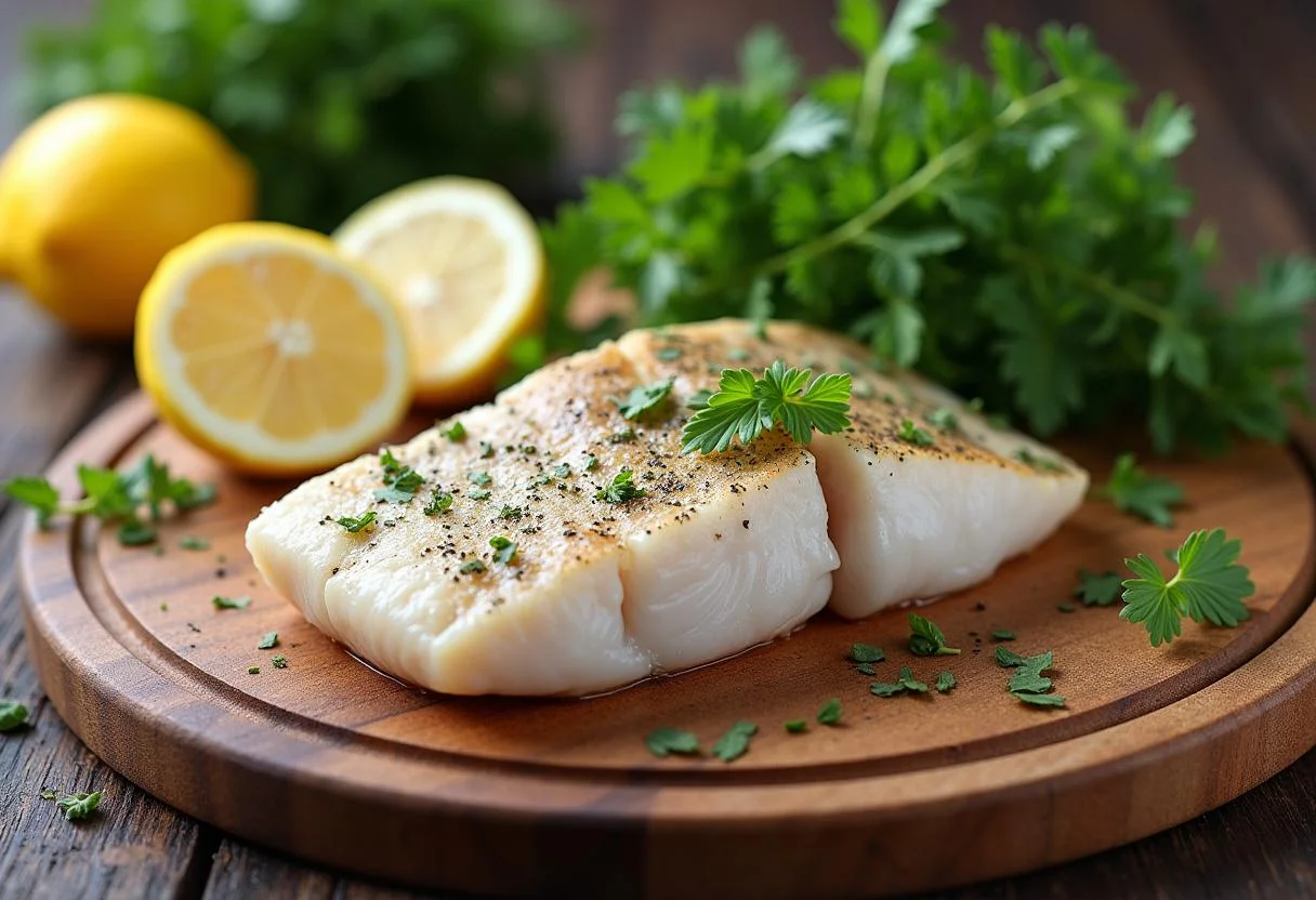 Bacalhau gadus morhua fillet on a cutting board, fresh herbs and lemon for seasoning.