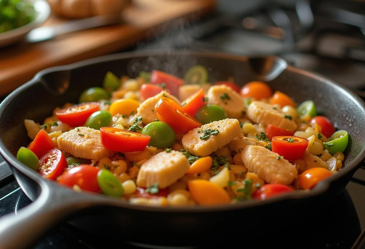 Sautéed vegetables ready to complement the roasted bacalhau gadus morhua dish.