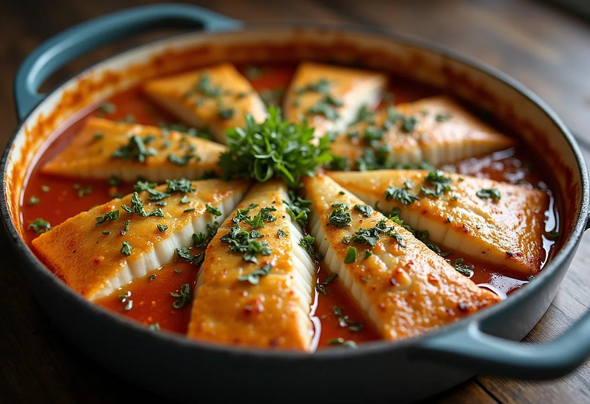 Roasted bacalhau gadus morhua in a baking dish, garnished and ready to serve.