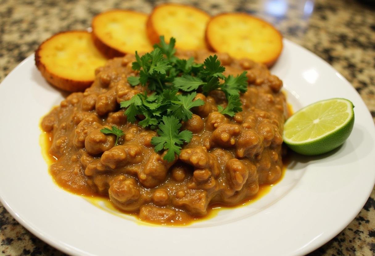 Prato finalizado de Baião de Dois Clássico do Sertão, decorado com coentro e acompanhado de mandioca frita e limão.