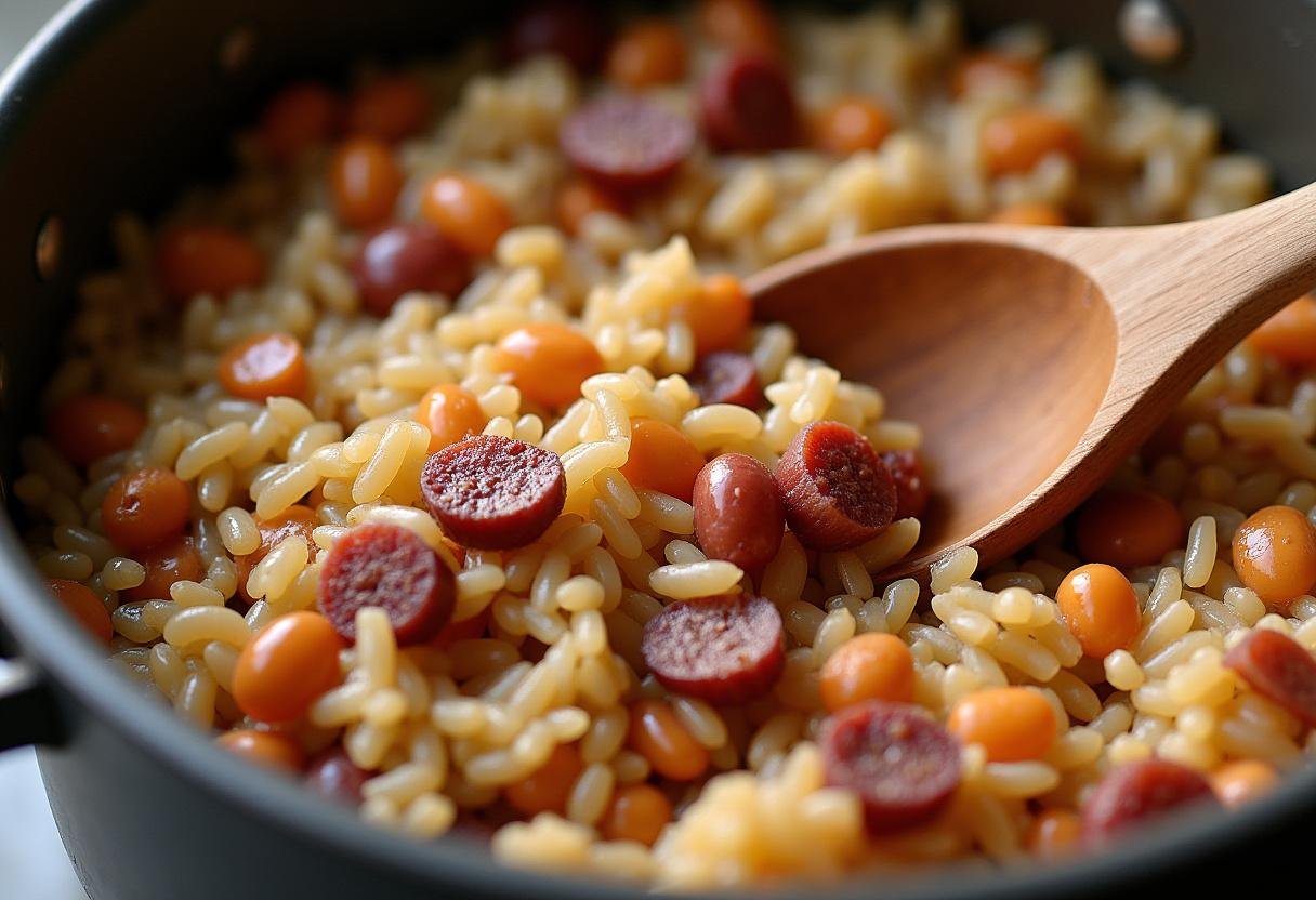 Arroz e feijão sendo misturados com carne seca e linguiça no Baião de Dois.