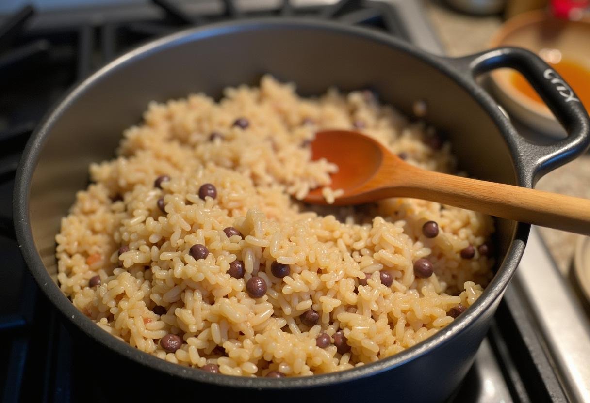 Rice and black-eyed peas simmering in a pot for Baião de Dois.