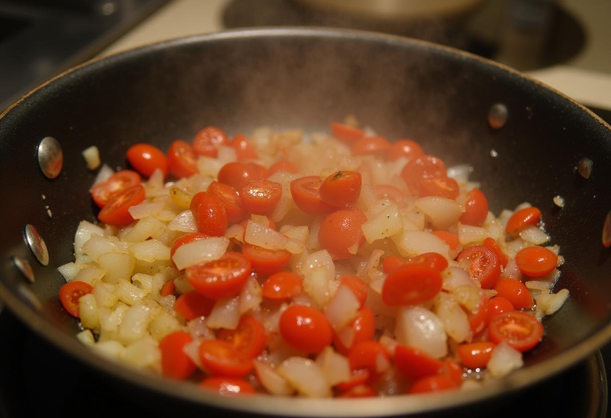Sautéing onions, garlic, and tomatoes for authentic Baião de Dois flavors.