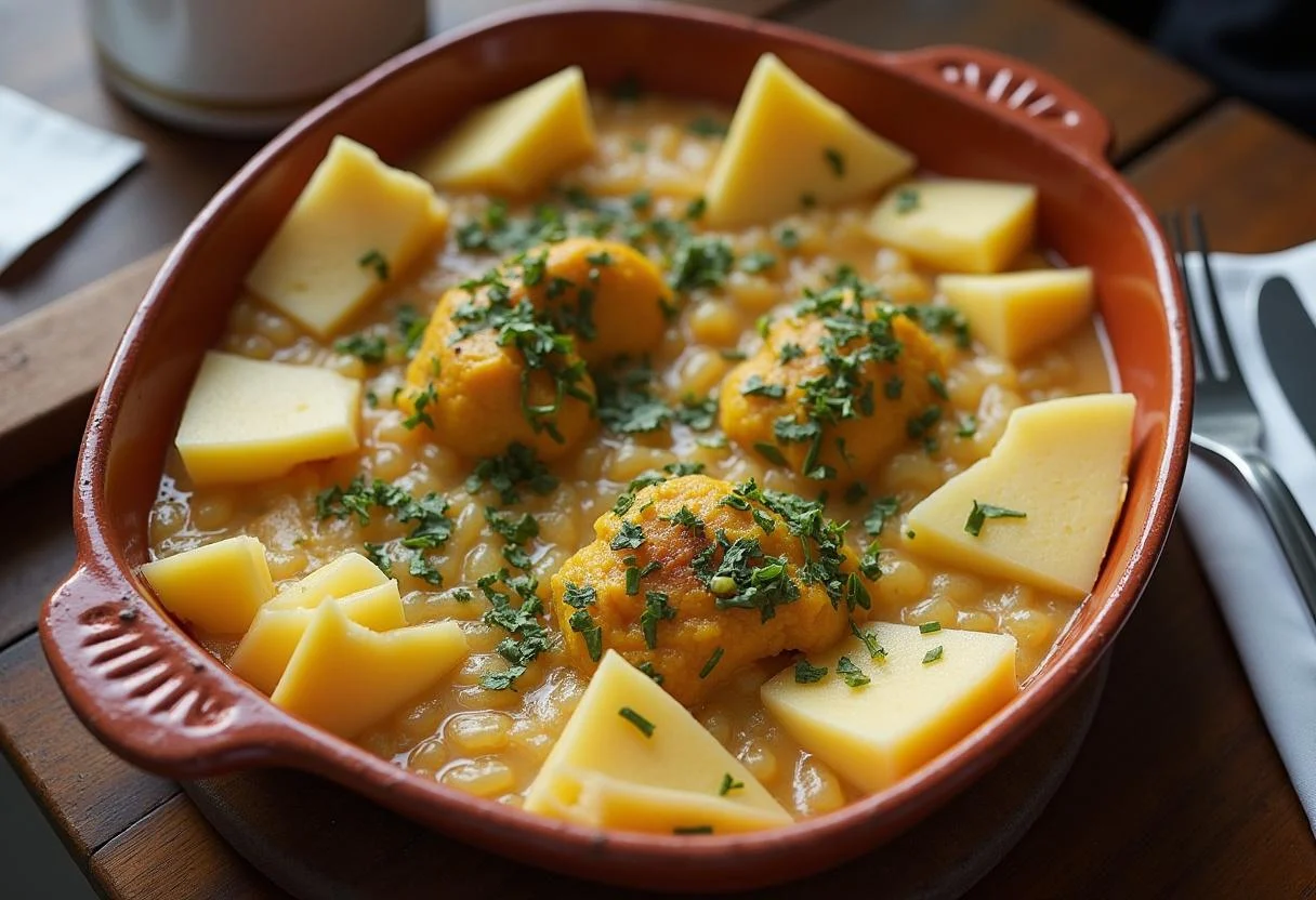 Baião de Dois Nordestino pronto para servir, destacando ervas frescas e queijo.
