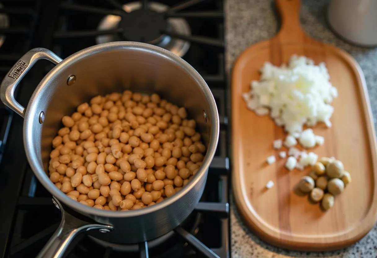 Preparação de baião de dois com feijão-de-corda cozinhando em uma panela.