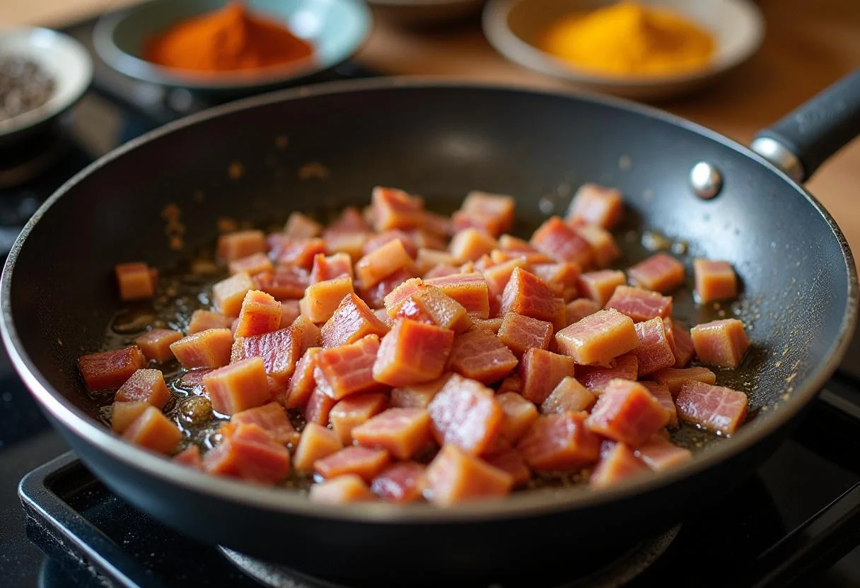Bacon sendo frito para o baião de dois, trazendo sabor ao prato.