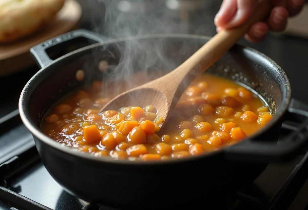 Baião de dois sendo cozinhado em uma panela, liberando aromas deliciosos.