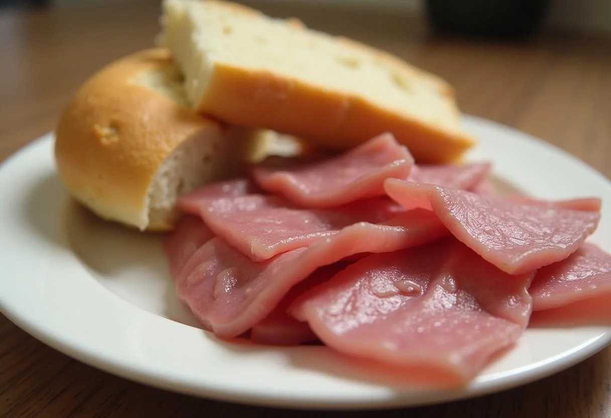 Fatias finas de rosbife preparadas para o sanduíche Bauru.