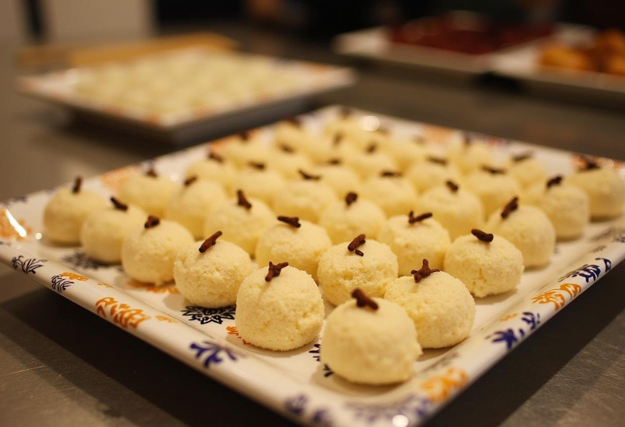 Beijinhos prontos decorados com cravos em uma bandeja de festa