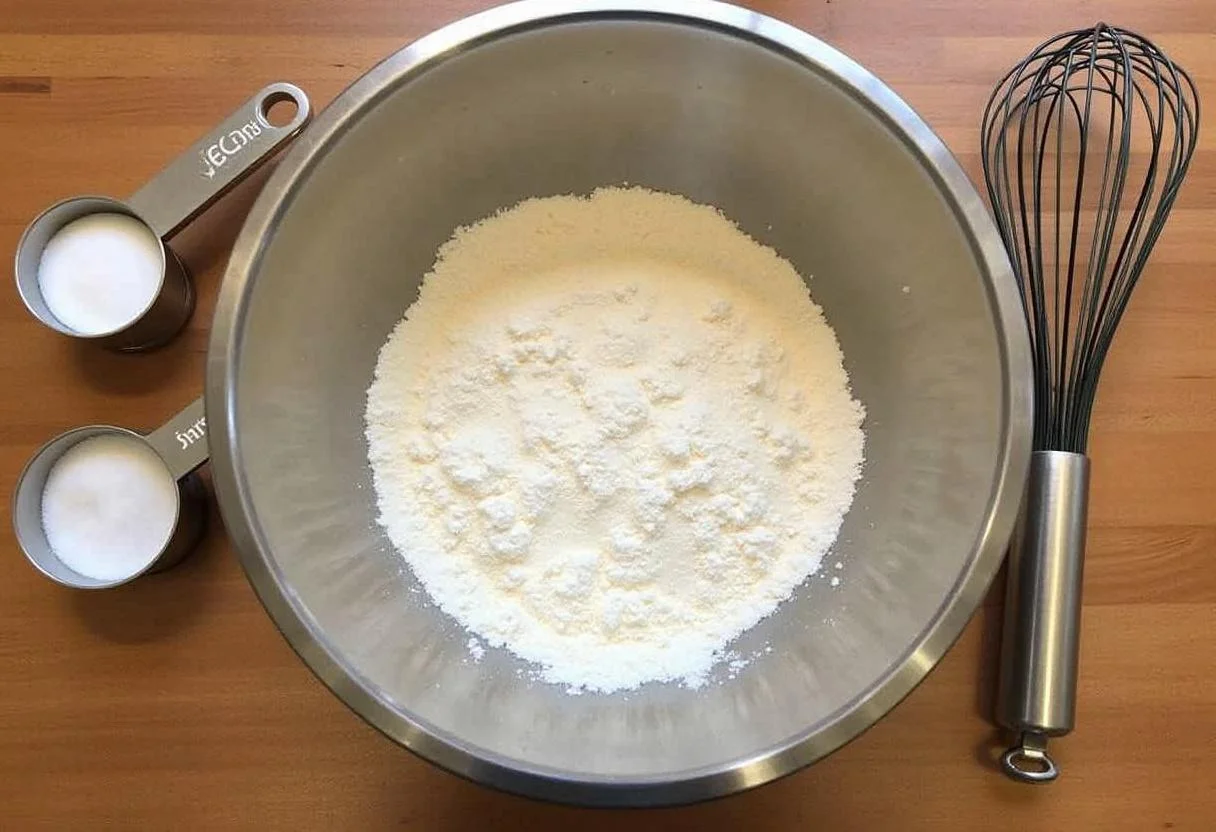 Mistura de farinha de polvilho em uma tigela para o preparo do biscoito de polvilho crocante.