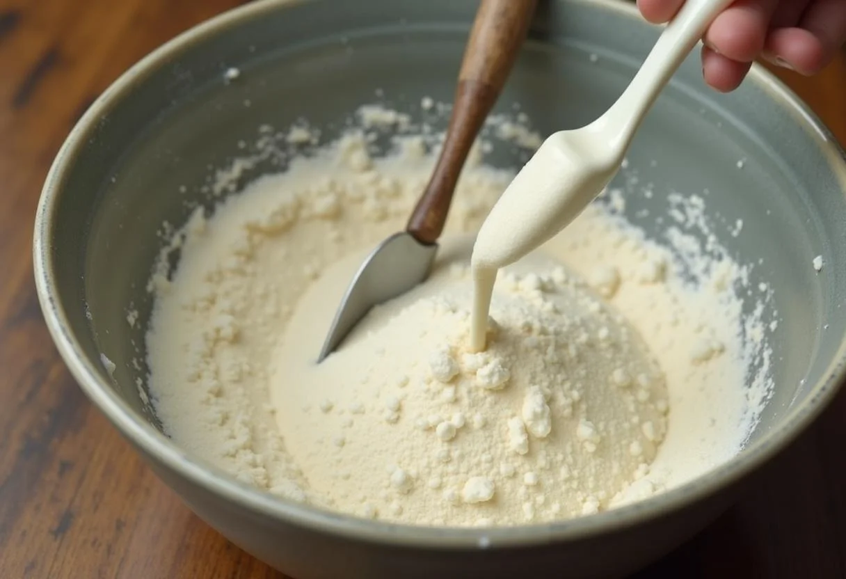 Mistura de água fervente com farinha de polvilho para biscoitos crocantes, com textura de massa.
