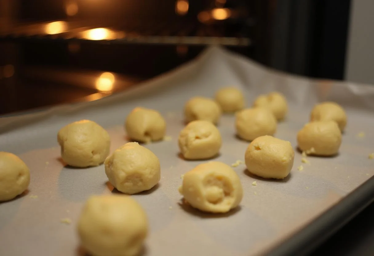 Bolinhas de massa de polvilho dispostas em uma assadeira, prontas para assar os biscoitos crocantes.
