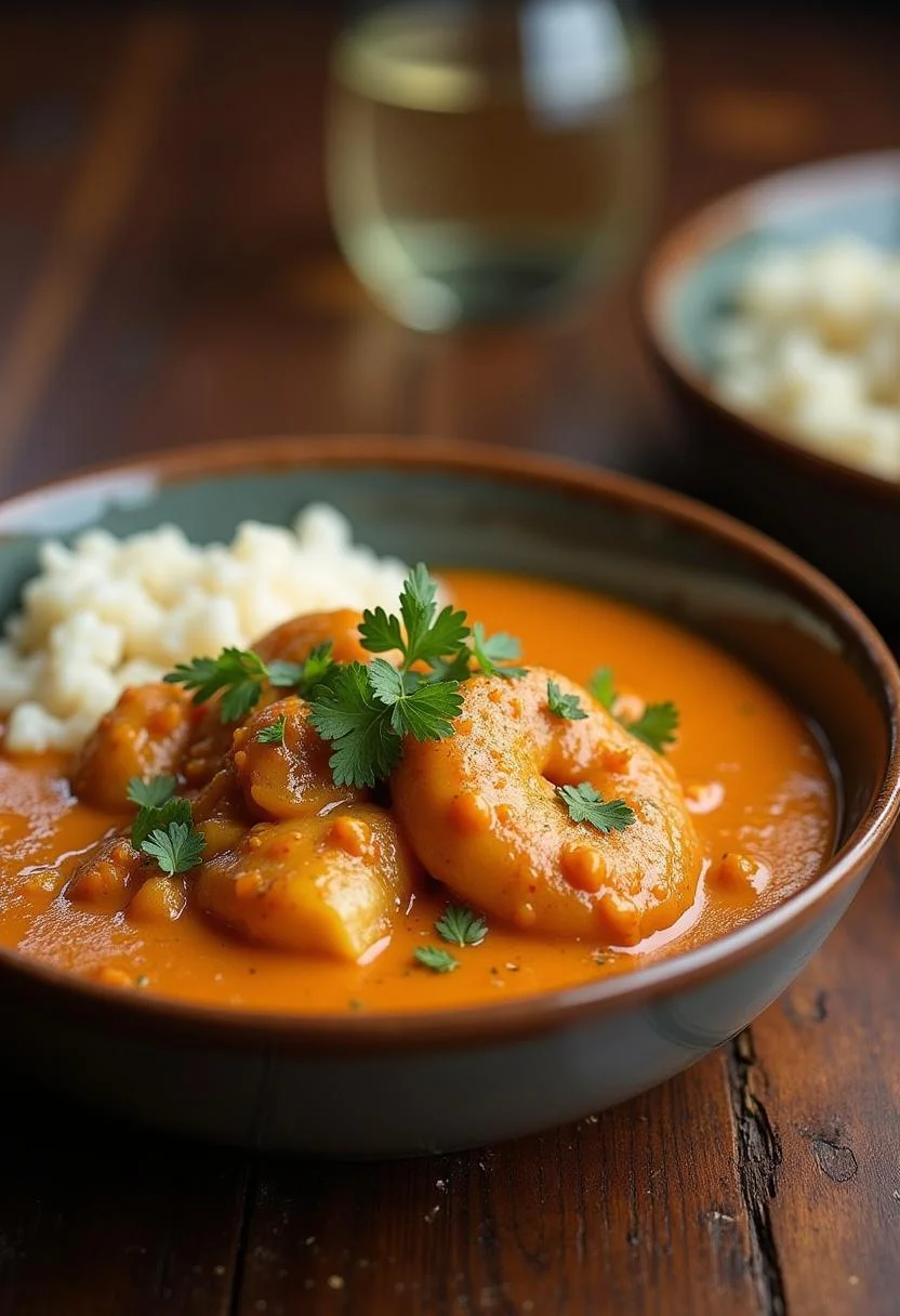 Bobó de Camarão Cremoso servido em uma tigela, acompanhado de arroz, perfeito para uma refeição.