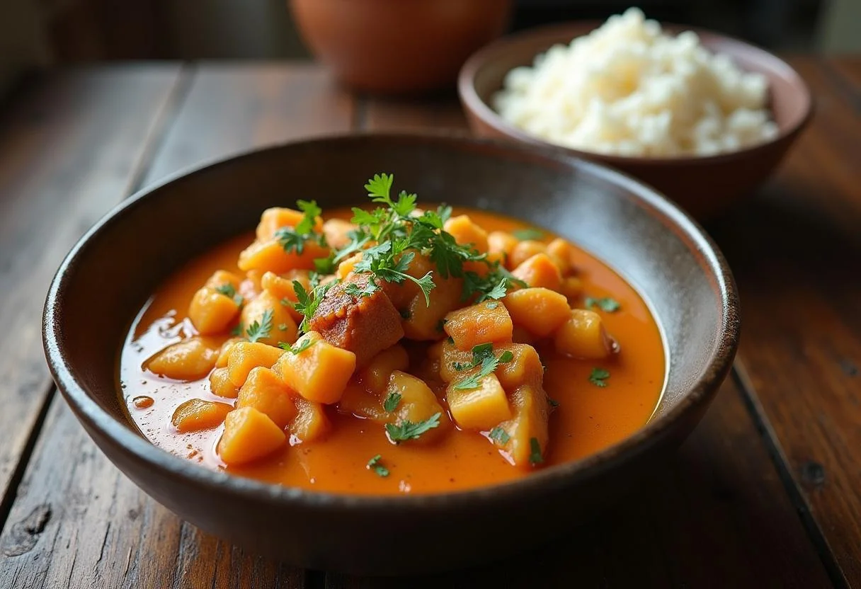 Bobó de Camarão Cremoso servido em uma tigela, acompanhado de arroz, perfeito para uma refeição.