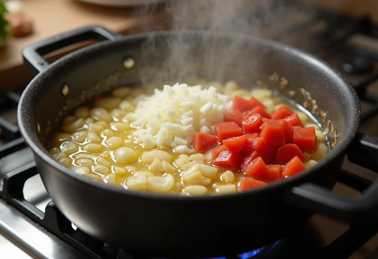 Cebolas, alho e tomates sendo refogados para o Bobó de Camarão Cremoso.