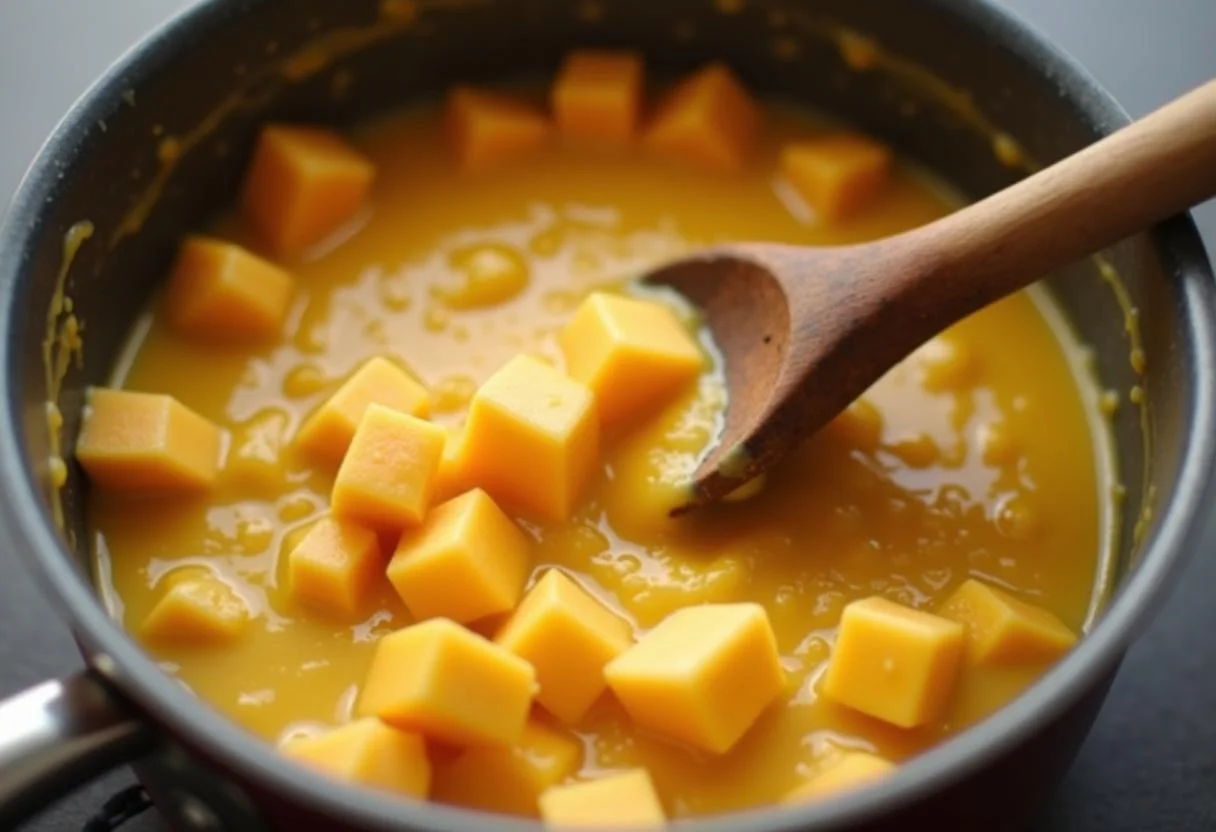 Misturando os ingredientes para obter a textura cremosa do Bobó de Camarão.