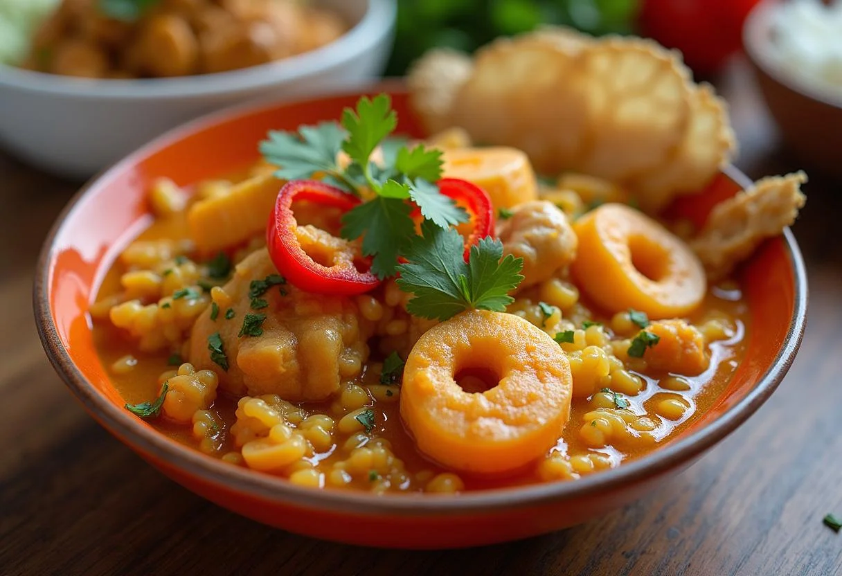 Prato finalizado de Bobó de Camarão Deliciosamente Exótico, decorado com coentro e pimenta, servido com arroz e farofa.