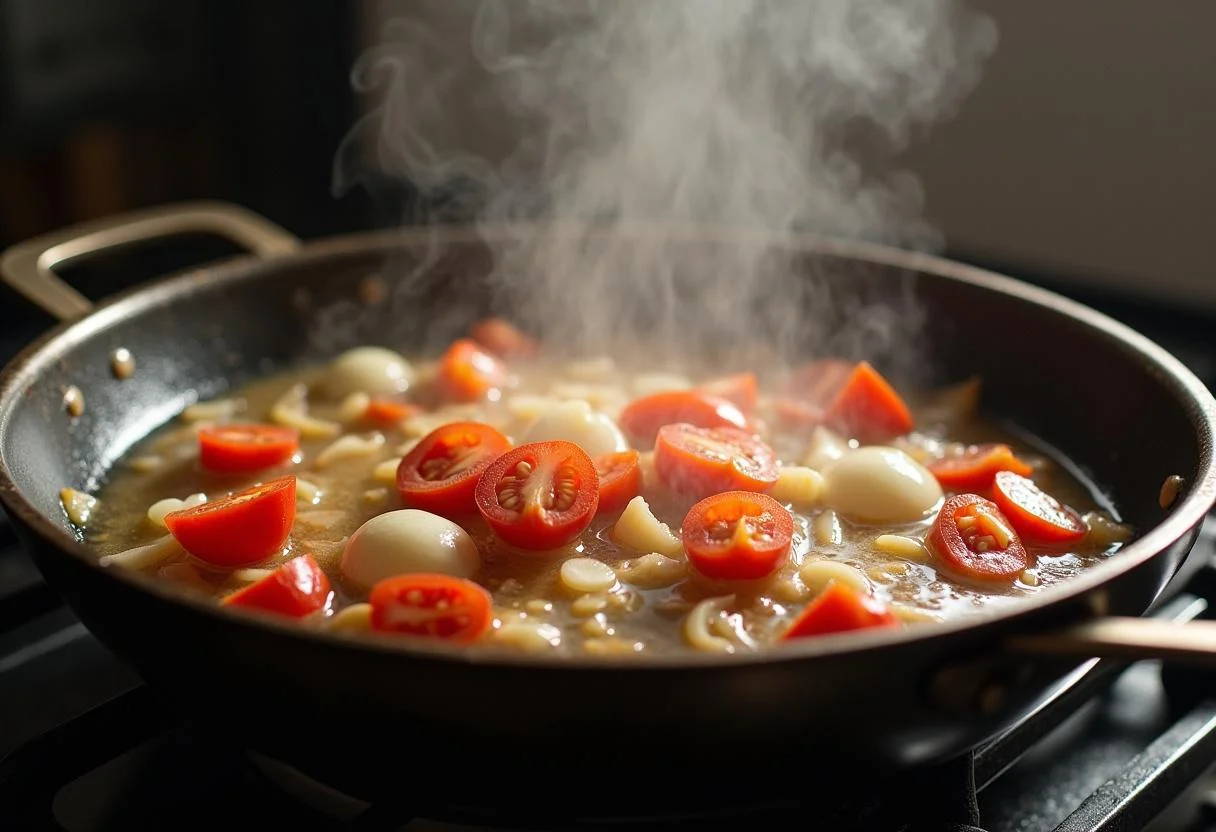 Cebola, alho e tomate refogando no azeite de dendê para o Bobó de Camarão.