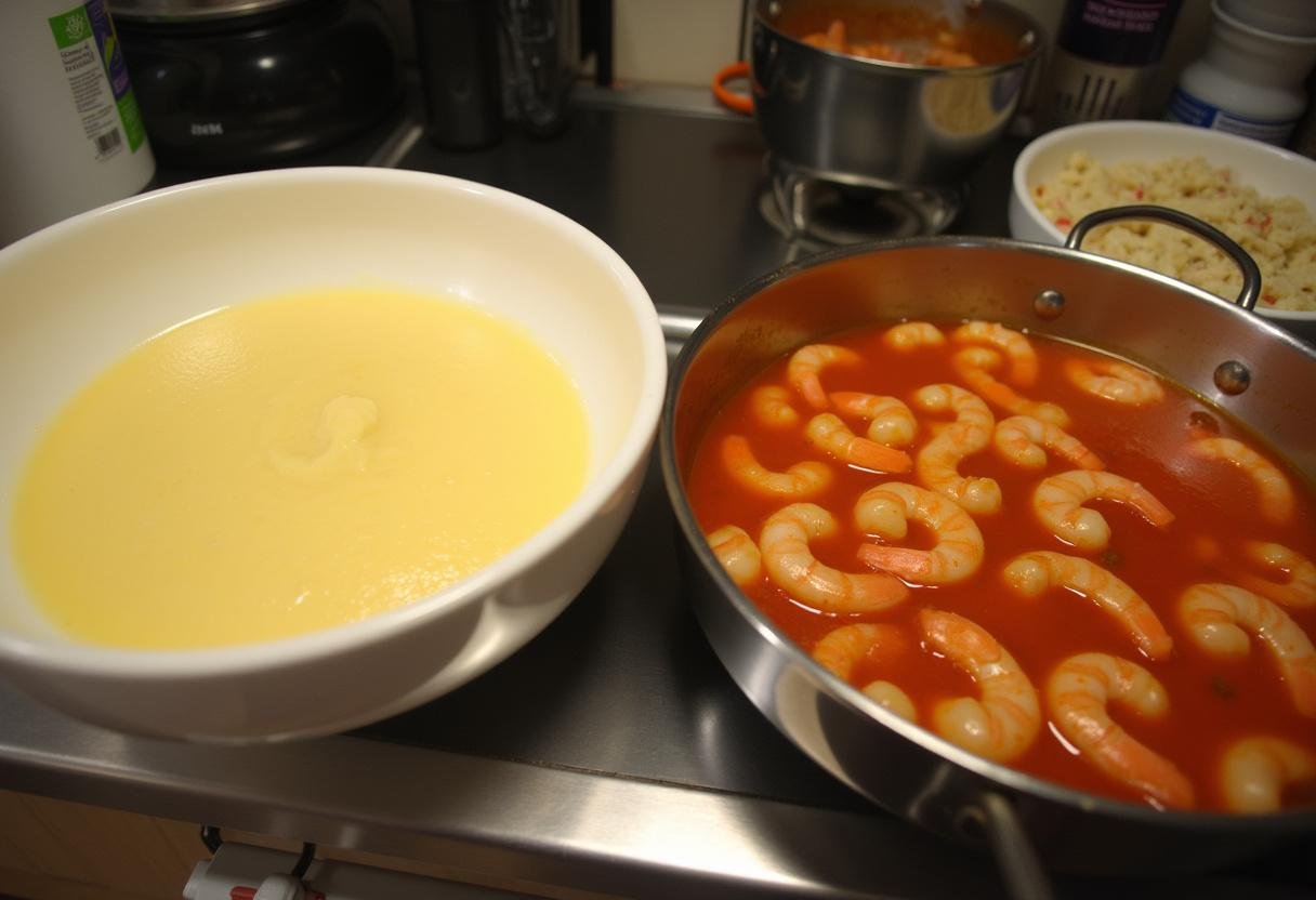 Purê de mandioca ao lado de camarões cozidos e molho de tomate para Bobó de Camarão.