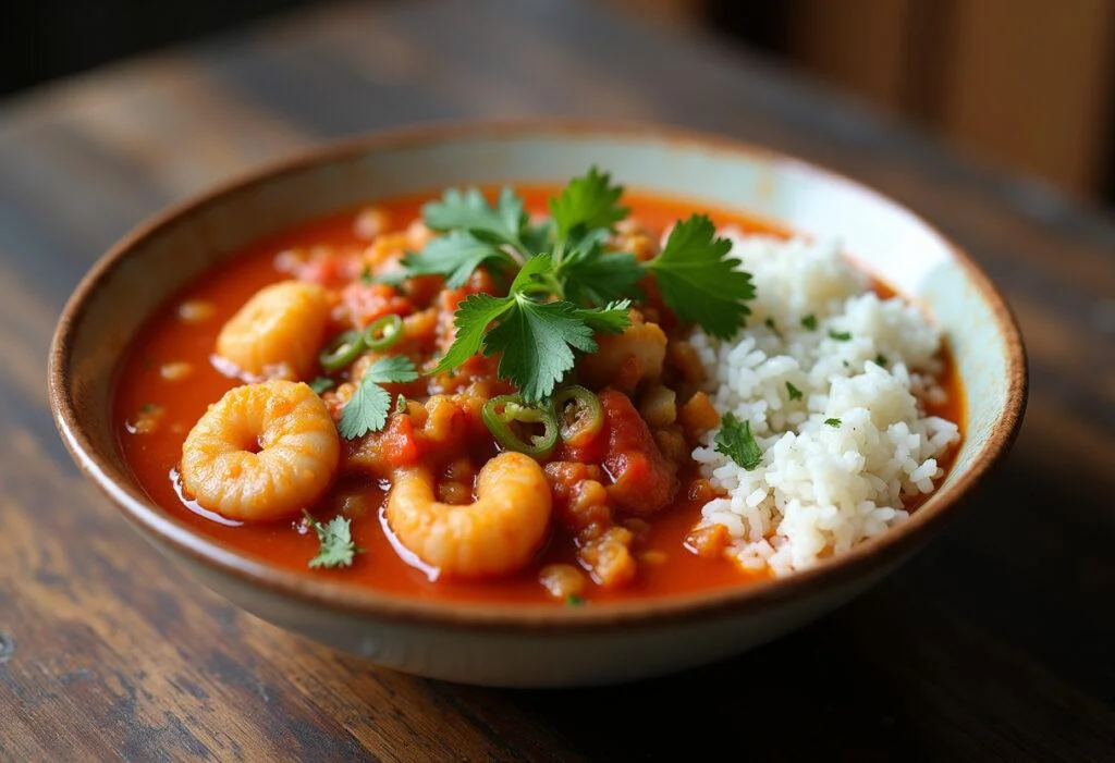 Bobó de Camarão cremoso servido com arroz branco e decorado com coentro e pimenta, prato típico da culinária brasileira.