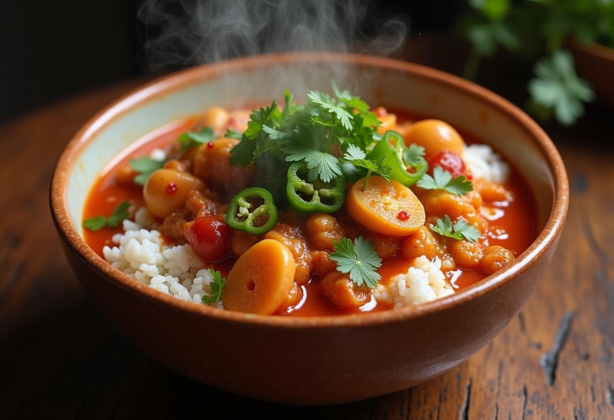 Bobó de Camarão cremoso servido com arroz branco e decorado com coentro e pimenta, prato típico da culinária brasileira.