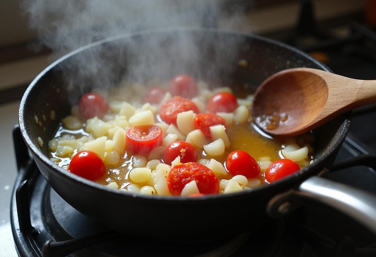 Cebola, alho e tomate refogando no azeite de dendê para preparar o Bobó de Camarão.
