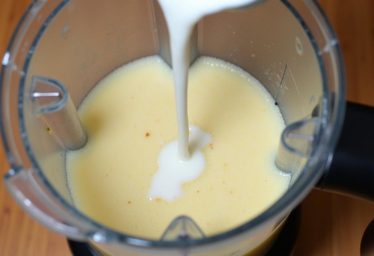 Mandioca cozida sendo batida no liquidificador com leite de coco para o creme do Bobó de Camarão.