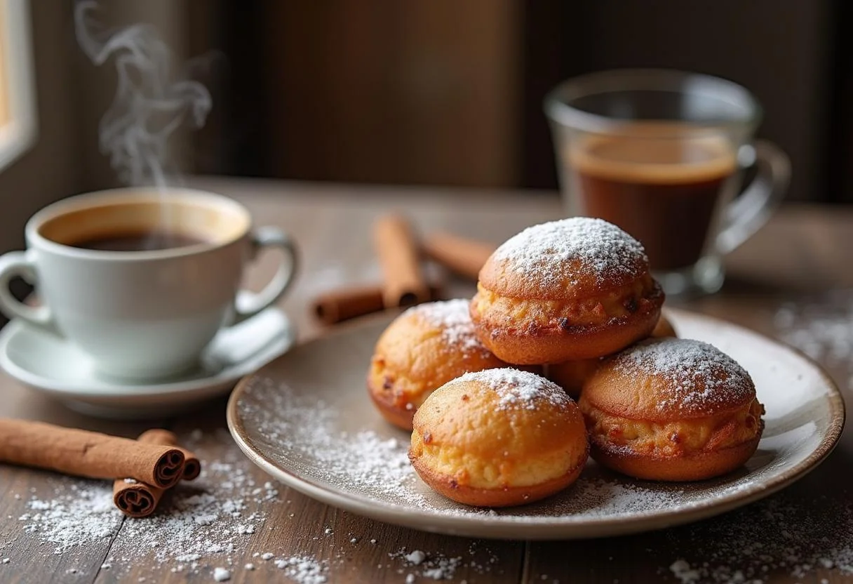Bolinho de Chuva Aconchegante crocante com açúcar de confeiteiro, perfeito para um lanche aconchegante.
